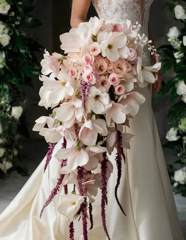 a bridesmael in a white wedding dress with a bouquet of flowers