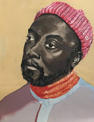 portrait of a black man in a knit pink hat