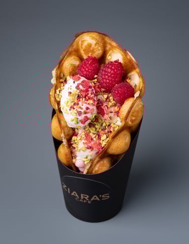 waffles with ice cream and raspberries