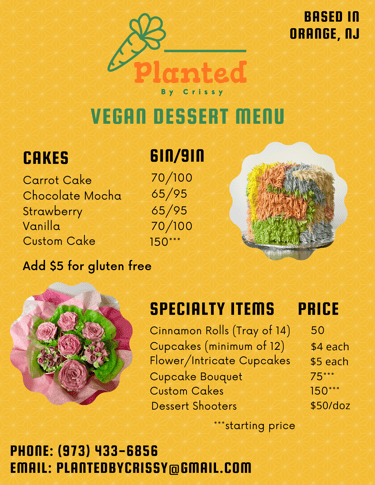 vegan cake and dessert menu