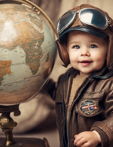 Toddler in vintage pilot uniform for studio photography