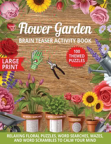 flower garden brain teaser activity book large print puzzle book liora onyx cover