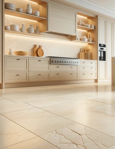 Trawertyn w kuchni bardzo jasny Bianco, kamień naturalny ivory