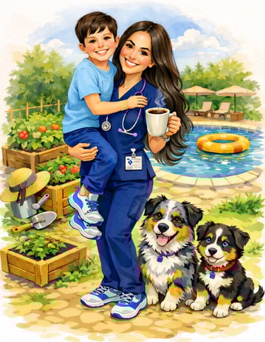 A smiling nurse in blue scrubs holding a child, two dogs, coffee, and a garden by a pool.