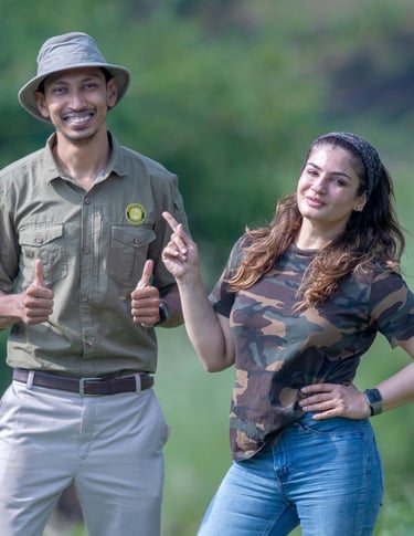 Private celebrity safari naturalist Bandhavgarh India with Ashish Tirkey hosting actress Raveena Tandon