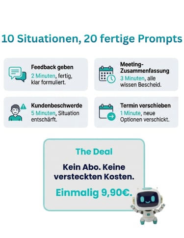 Übersicht des KI Prompt Packs: 20 Vorlagen für Feedback, Meetings und Kundenbeschwerden im Shop.