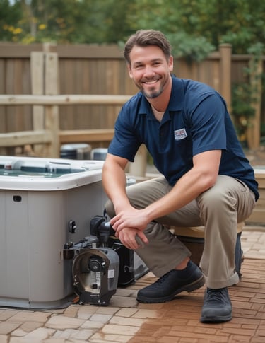 Technician repairing a pool heater with tools in a sunny backyard.