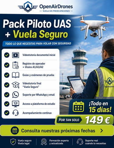 Imagen promocional del Pack Piloto UAS + Vuela Seguro de OpenAirDrones, formación para obtener las t