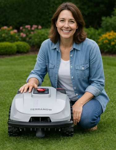 Robot de tuns gazon Terramow V1000 fără cablu perimetral într-o grădină rezidențială