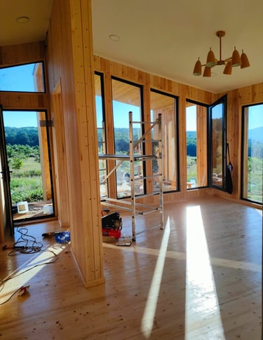 a room with a ladder and a ladder