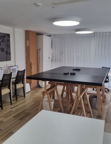 a photo of our studio with work table and sewing machines