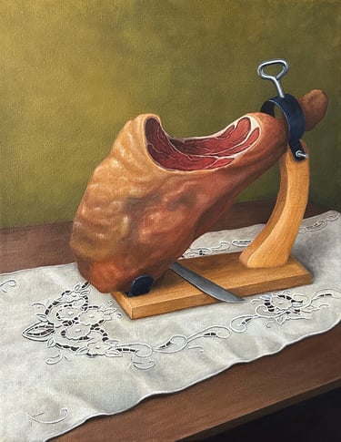 a painting of a leg of ham and a knife on a table with an embroidered antique white tablecloth
