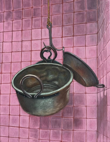 a painting of a old pots hanging from a roped hook on the ceiling in a Mexican pink-tiled kitchen