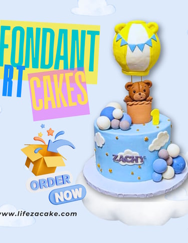 a cake with a bear and a balloon