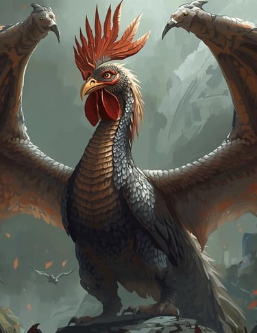 Immagine del basilisco, enorme mostro simile ad un ibrido tra un serpente e un gallo