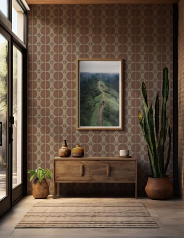 Terracotta and warm grey block print geometric wallpaper with natural, handcrafted patterns