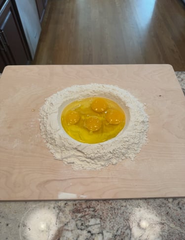 Eggs and 00 flour to make handmade, authentic pasta dough