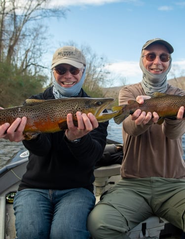 Great brown trout double while fly fishing the Watauga River.