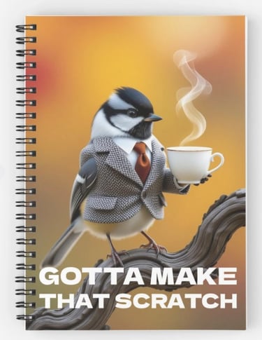 Chickadee in a business suit drinking coffee