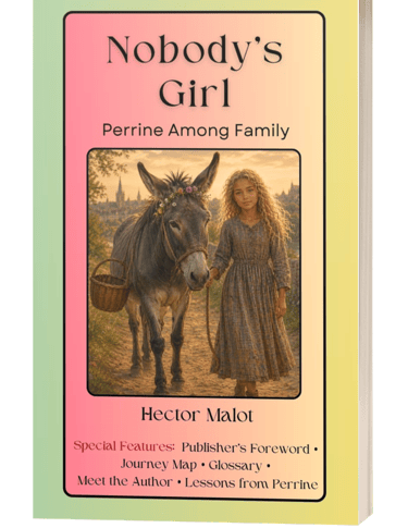 Book cover for Nobody's Girl by Hector Malot featuring a young girl walking with a donkey in a pastoral landscape.