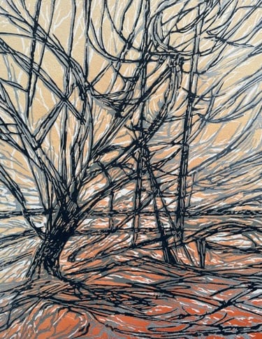 Linocut: Around the little Oak - solstice