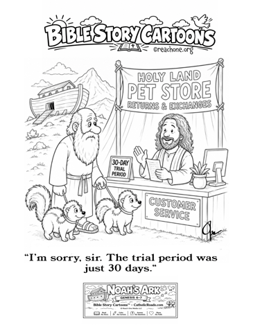 B&W cartoon by Opa about Noah’s Ark and the Bible story