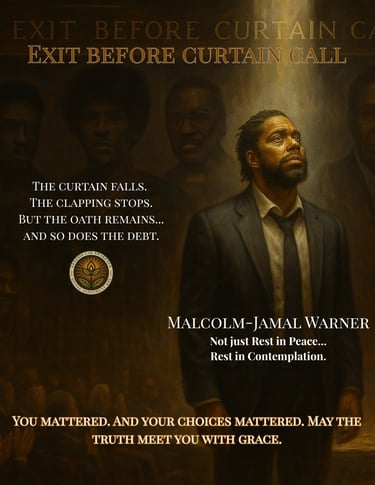 A dramatic oil painting-style image of Malcolm-Jamal Warner standing on a theater stage beneath a spotlight. Behind him in th