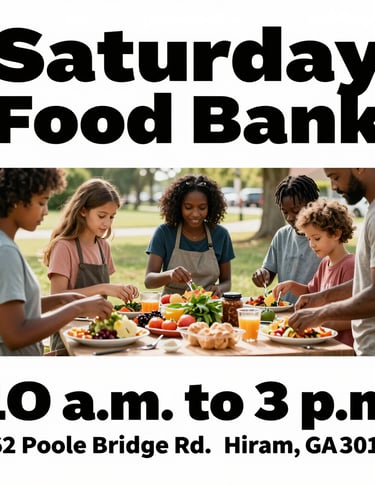 Diverse group sharing a meal outdoors for Saturday Food Bank in Hiram, Georgia.