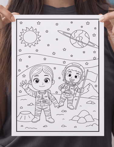 a woman holding a coloring book with a drawing of a cartoon character