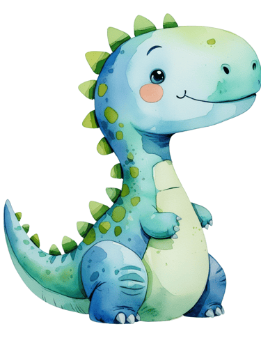 Cute blue-green dinosaur cartoon with blush cheeks, smiling and standing upright, watercolor style k
