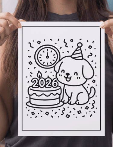 a woman holding up a card with a dog and a cake