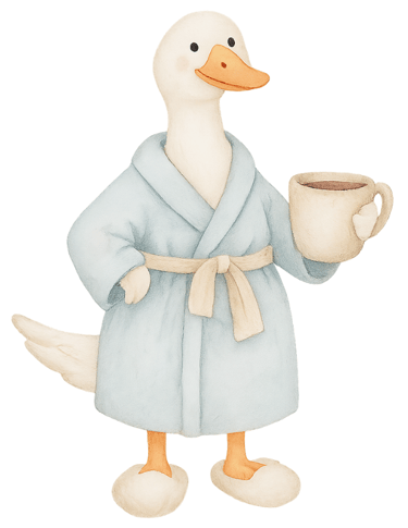 a duckling in a rober and a cup of coffee