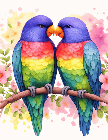 two colorful parrots sitting on a branch of a tree