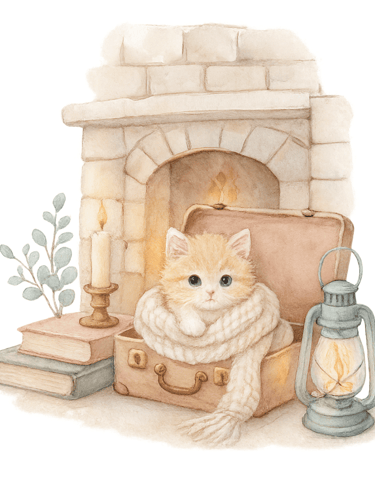 a cat sitting on a suitcase with a lantern