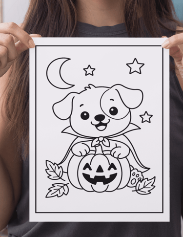 a woman holding a halloween coloring page for a coloring page