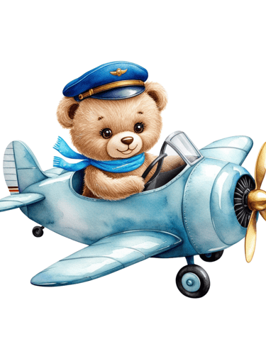 Cute teddy bear pilot in a blue vintage airplane, wearing cap and scarf with a golden propeller, wat