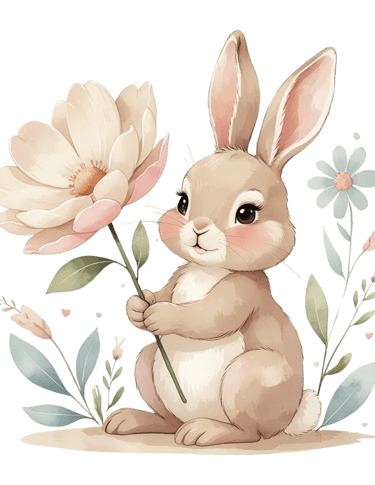 Cute bunny holding a large white flower, surrounded by small pastel blossoms and leaves, soft waterc
