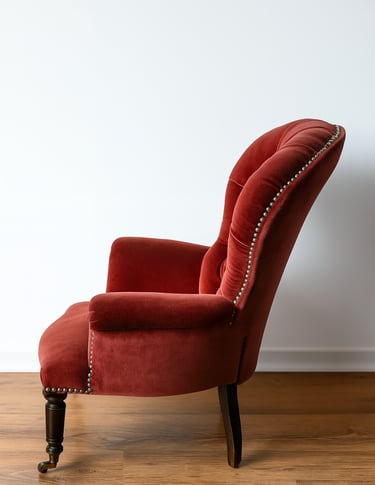 Red velvet vintage armchair with curved backrest