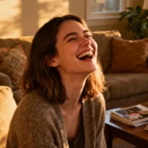 Informal photo of a young woman laughing softly, seated on a couch at home.