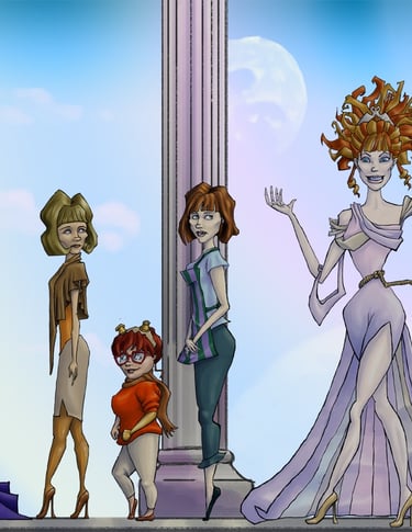 Digital fantasy art illustration of five female queens who range in expression from devious to chaos