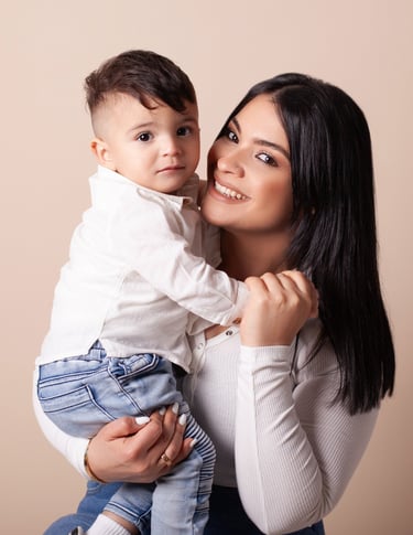 Sydney family portrait photography session of a mother and her son both dressed in blue denim jeans and white tops