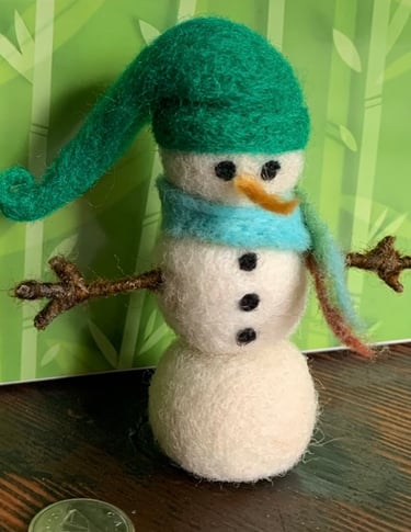 Snowman with blue green scarf and green Cap.