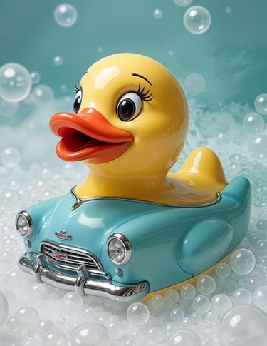 a rubber duck in 1950's car in a bathtub with bubbles