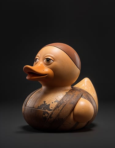 a wooden duck in a wooden ducky