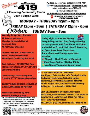 October 2025 Sober Events flyer Montcalm county