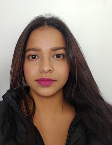 a woman with long hair and a pink lipstick
