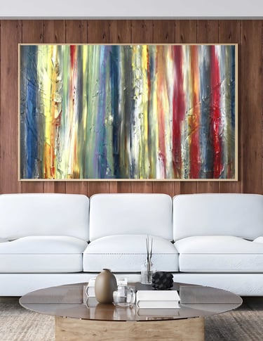 Colorful abstract wall art with vertical textured strokes in red, yellow, green, and blue — styled a