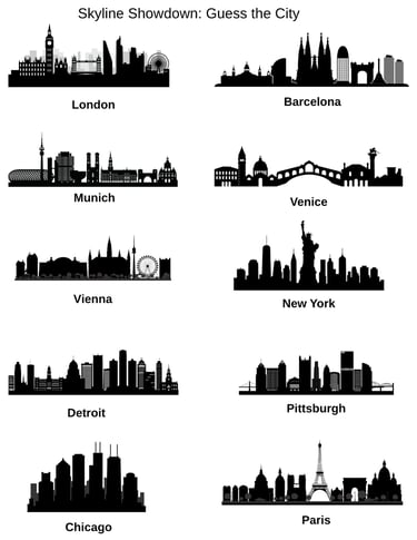 a set of six different types of buildings in different cities