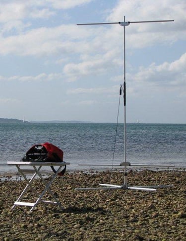 Pro Antennas I-Pro Traveller HF antenna set up on a stony beach