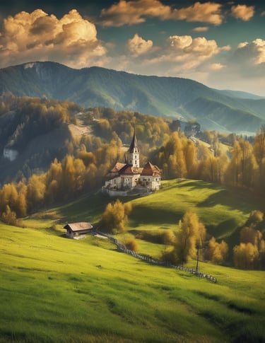 a church in the mountains with a church in the background